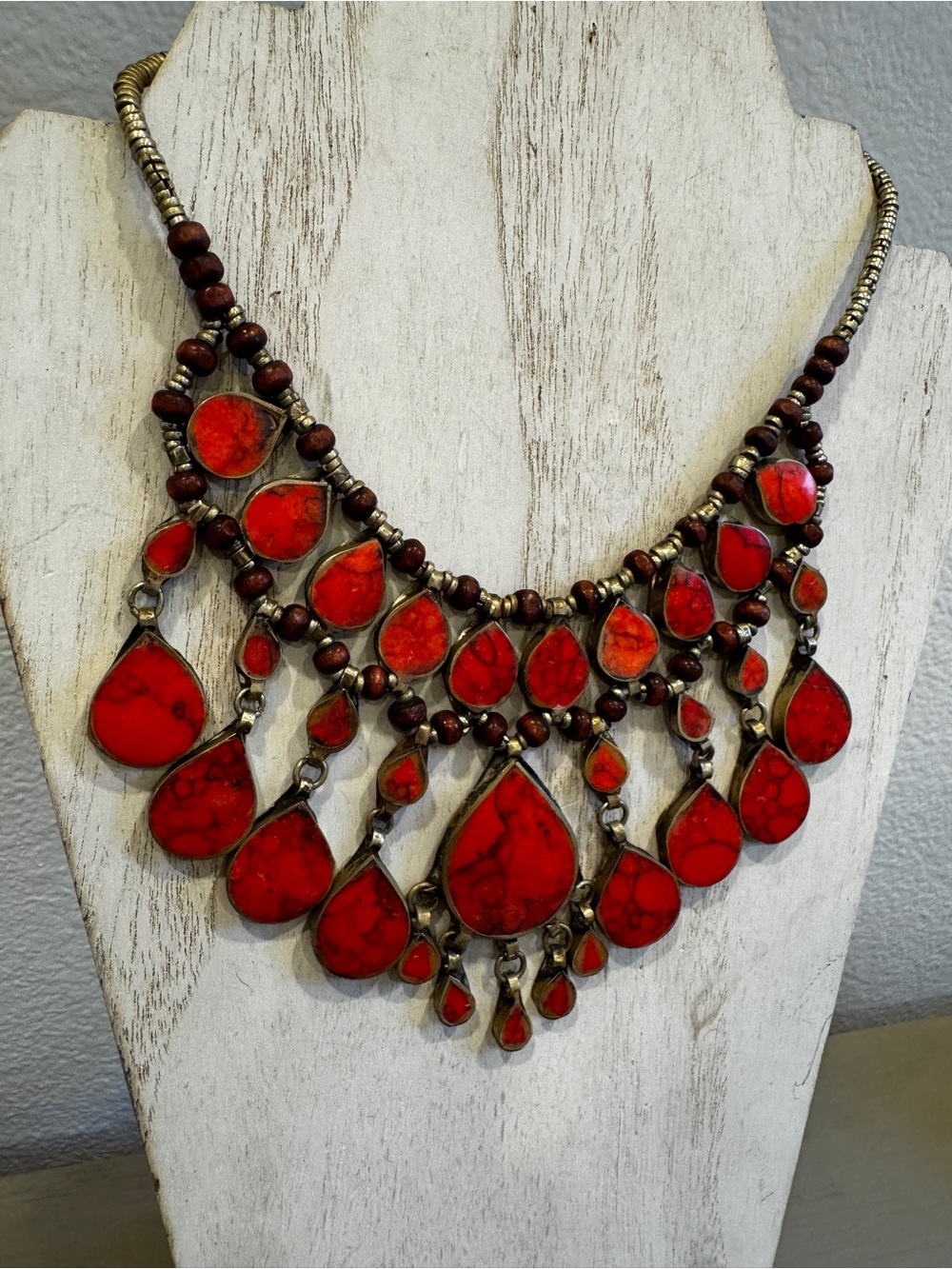 Vintage Boho Gypsy Red Teardrop Statement Necklace